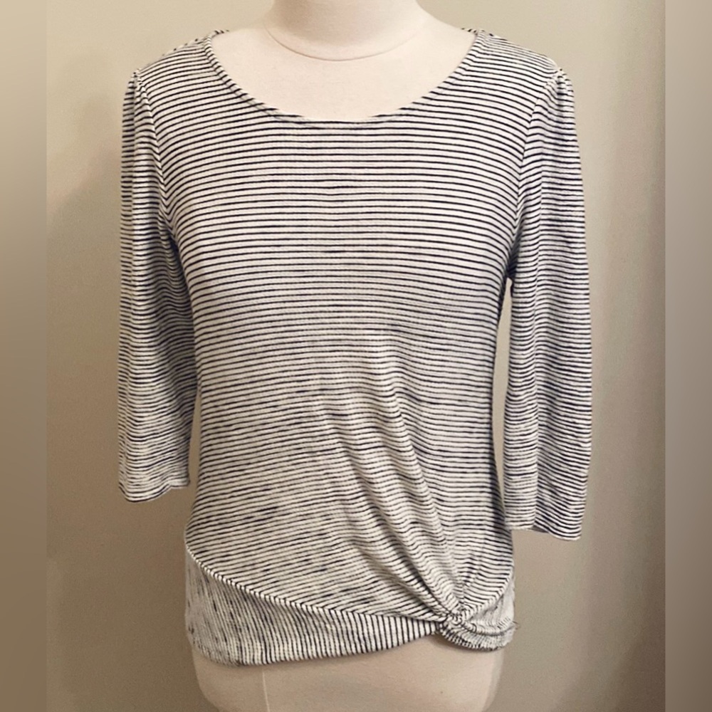 APT 9 Off White Black Striped Textured Side Twist Hem Coastal Top Size Medium